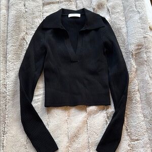Aritzia Black Ribbed Long Sleeve V Neck